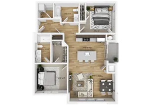 Elegant 2D floor plan showcasing a modern apartment with 2 bedrooms, spacious open-concept living and dining area, and a stylish kitchen.