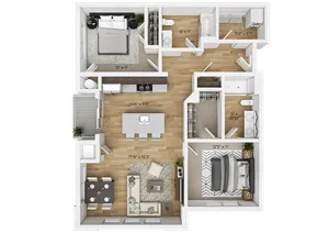 Modern 2-bedroom floor plan featuring open-concept living room, gourmet kitchen with island, and private balcony.