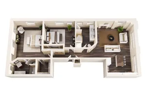 Elegant 3D apartment floor plan showcasing two cozy bedrooms, a spacious living area, and modern kitchen with dark wood flooring.