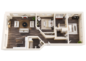 Chic 3D floor plan showcasing two cozy bedrooms, an inviting open-concept living area, and a modern kitchen with a breakfast bar.