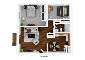 Modern floor plan showcasing 2 bedrooms, an inviting living room, and an open dining area, complemented by elegant hardwood floors and a private balcony.
