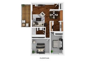Modern floor plan showcasing 2 bedrooms, inviting living room with balcony, stylish dining area, and functional kitchen layout.
