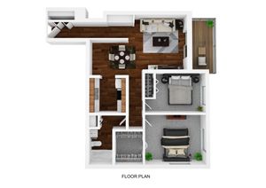 Elegant 3D floor plan featuring two cozy bedrooms, a modern living-dining area, sleek kitchen, stylish bathroom, and a private balcony with lush greenery.