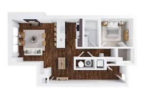One-Bedroom, One-Bathroom Floor Plan Rendering