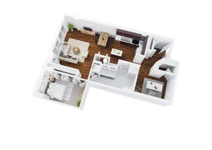 One-Bedroom, One-Bathroom Floor Plan Rendering with Den