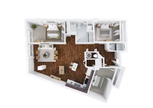 Two-Bedroom, One and 1/2-Bathroom with Den Floor Plan Rendering