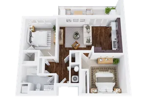 Two-Bedroom, One-Bathroom with Balcony Floor Plan Rendering