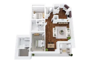 Two-Bedroom, Two-Bathroom with Balcony Floor Plan Rendering