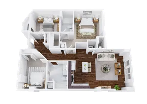 Three-Bedroom, Two-Bathroom Floor Plan Rendering