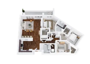 Three-Bedroom, Two-Bathroom with Balcony Floor Plan Rendering