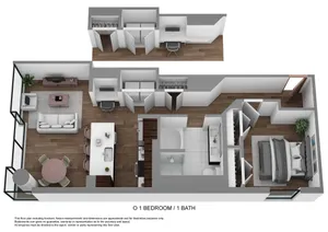 Elegant 1 bedroom, 1 bath floor plan featuring a chic open-concept living and dining area, modern kitchen with island, and cozy bedroom with ample storage.