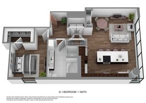 Elegant 3D floor plan showcasing a modern 1 bedroom, 1 bath apartment with an open living area, sleek kitchen island, and cozy dining space.
