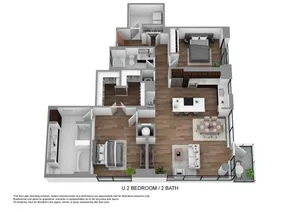 Contemporary 3D floor plan showcasing 2 bedrooms, 2 bathrooms, open-concept kitchen with island, and a spacious living and dining area in a stylish apartment layout.