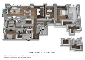 Luxurious 3-bedroom, 3.5-bath penthouse floor plan with stylish interiors, spacious living room, modern kitchen, and elegant study area.