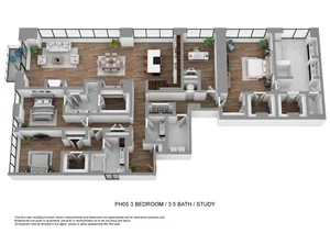 Luxurious 3D floor plan of PH05 showcasing 3 bedrooms, 3.5 baths, and a study with open living-dining area, elegant kitchen, and spacious balcony.
