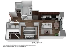 Contemporary B Studio floor plan with inviting open-concept living space, sleek kitchen, cozy bedroom, and modern bathroom.