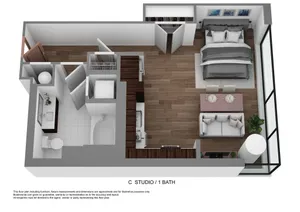 Contemporary studio apartment floor plan featuring an open-concept living area, cozy bedroom space, modern kitchen, and sleek bathroom with ample storage.