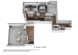 Modern studio apartment floor plan with 1 bedroom, open living area, sleek kitchen, and private balcony.
