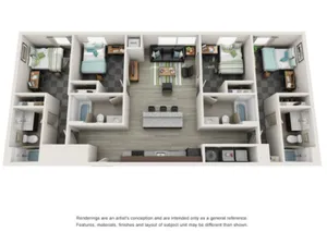 Modern 3D floor plan featuring 3 bedrooms, an open-plan living area, and a sleek kitchen with an island, showcasing spacious and functional design.