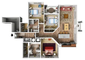Charming floor plan showcasing 3 bedrooms, a spacious open-concept living area, and modern kitchen with island seating.