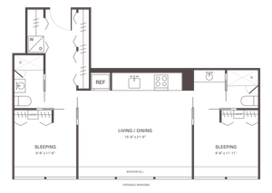 Modern floor plan with 2 spacious bedrooms, combined living and dining area, sleek kitchen layout, and two bathrooms.