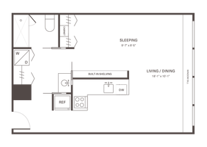 Modern studio apartment floor plan featuring an open living and dining area, compact sleeping space, efficient kitchen with built-in shelving, and convenient laundry facilities.