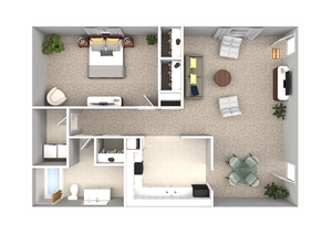 Modern 2D floor plan featuring a spacious bedroom, cozy living area with stylish seating, and a functional kitchen. Includes ample storage and a well-appointed bathroom.