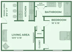 One-bedroom, one-bath apartment floor plan at Huntley Ridge East Apartments in Springfield, MO. Features a 12\'5
