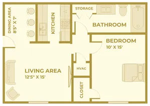 Renovated one-bedroom, one-bath apartment floor plan at Huntley Ridge East Apartments in Springfield, MO. Layout includes a 12\'5