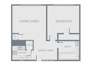 One-bedroom, one-bath apartment floor plan featuring a separate living area, dining area, and kitchen with sink, stove, and refrigerator. The bedroom is located on the right side of the layout with a nearby bathroom that includes a bathtub, toilet, and sink. Entry opens into the dining area, with the living area positioned to the left and the kitchen adjacent to the dining space.