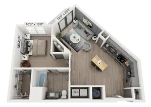 The Dexter one-bedroom apartment floor plan at Woodburn Exchange in East Walnut Hills, Cincinnati