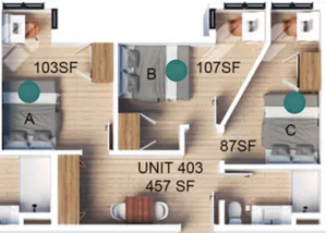 Chic floor plan for Unit 403 showcasing three bedrooms, stylish living space, and 457 square feet.