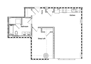 Innovative floor plan showcasing a spacious kitchen with modern appliances, a cozy sleep loft, and a sleek bathroom.