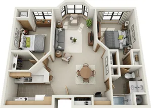 Inviting floor plan showcasing 2 bedrooms, a cozy living room, modern kitchen, and elegant dining area with stylish decor.