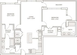 1247 to 1262 square foot two bedroom two bath apartment floorplan image
