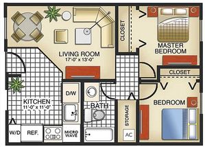 Elegant apartment floor plan with 2 cozy bedrooms, stylish living room, and well-equipped kitchen highlighting modern convenience.