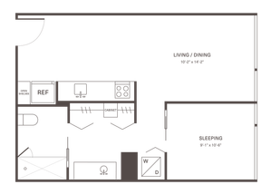Modern floor plan featuring open living and dining space, spacious sleeping area, compact kitchen with storage, and convenient washer/dryer setup.