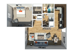 3D floor plan featuring a spacious bedroom, open living area, modern kitchen, and dual bathrooms.