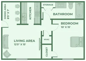 One-bedroom, one-bath apartment floor plan at Huntley Ridge East Apartments in Springfield, MO. Includes a 12\'5\" x 15\' living area, 10\' x 15\' bedroom, full bathroom, kitchen with bar seating, 8.5\' x 7\' dining area, closet, HVAC, and a labeled storage space in place of washer/dryer hookups.