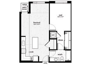 Contemporary floor plan featuring spacious living and dining area, cozy bedroom, modern kitchen, and elegantly designed bathroom.
