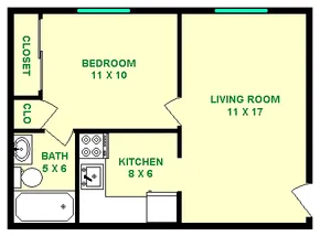 Cozy floor plan showcasing a 1-bedroom apartment with a spacious living room, efficient kitchen, and a functional bathroom layout.