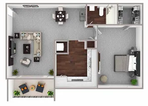 Chic apartment floor plan showcasing an elegant open-concept living and dining area, one spacious bedroom, modern kitchen, stylish bathroom, and a cozy balcony for relaxation.