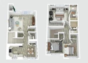 3D floor plan of a stylish two-story apartment featuring a spacious living area, modern kitchen, and three cozy bedrooms on the second floor.