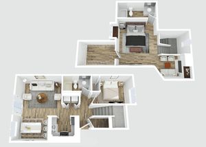 3D floor plan of a duplex apartment with 2 bedrooms, a cozy living room, and a modern kitchen.
