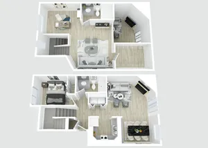 Bright and modern floor plan displaying a duplex with an open living area, multiple bedrooms, and stylish kitchen.