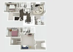 Elegant 3D floor plan showcasing a two-story apartment with 3 bedrooms, 2 bathrooms, modern kitchen, and cozy living area with stylish furnishings.
