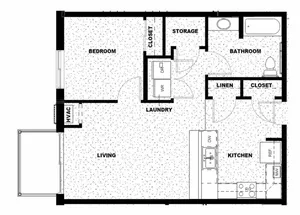 Modern 2D floor plan showcasing a spacious 1-bedroom layout with an open living area, well-equipped kitchen, and convenient laundry room.