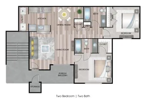 Elegant 2D floor plan showcasing a modern two-bedroom, two-bath layout with a cozy living room, dining area, and stylish kitchen. Includes a porch balcony and utility space.