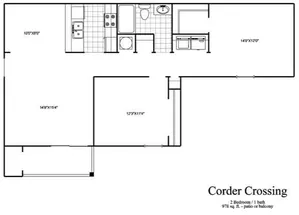 Detailed floor plan of Corder Crossing apartment with 2 bedrooms, 1 bath, and a kitchen, covering 973 sq. ft.