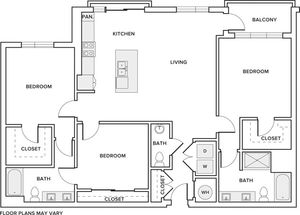 1484 square foot three bedroom two and half bath apartment floorplan image